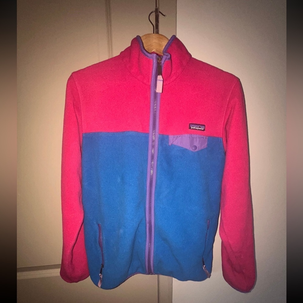 Patagonia Womens Synchilla Full Zip Snap-T Fleece Large Pink Blue Color Block B6